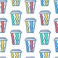 koffiekopje patroon. vector naadloze patroon met verschillende wegwerp kopjes koffie te gaan. hand getrokken doodle achtergrond