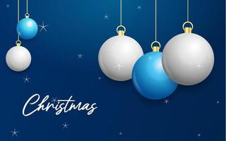 Kerstmis blauw achtergrond met hangende schijnend wit en zilver ballen. vrolijk Kerstmis groet kaart vector