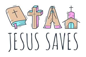 schattige hand getrokken christelijke thema doodle collectie in witte geïsoleerde achtergrond en tekst Jezus redt vector