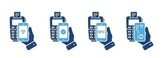 pos betaling verwerken silhouet icoon. goedgekeurd zonder contant geld transactie nfc technologie betalen werkwijze glyph pictogram. smartphone, credit kaart betaling Aan terminal icoon set. geïsoleerd vector illustratie.