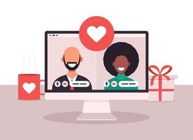 online dating app concept met man en vrouw. platte vectorillustratie met Afrikaanse vrouw en blanke kale man op laptop scherm. vector