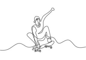 een enkele doorlopende lijntekening van skateboardspeler. jonge skateboarder man oefenen skateboard rijden op oprit bord vectorillustratie. extreme sport vector illustratie thema