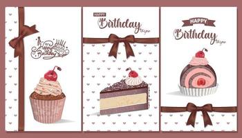verjaardag kaart met reeks van kers chocola desserts met boog linten vector