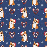 naadloos patroon met corgi's in de kerstman claus hoed en karamels. achtergrond voor omhulsel papier, groet kaarten en seizoensgebonden ontwerpen. vrolijk Kerstmis en gelukkig nieuw jaar. vector