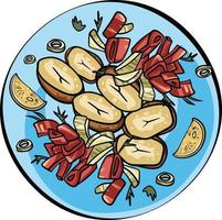 groente bord gebakken aardappelen, zoet pepers, uien, kruiden. gezond voedsel bord concept. vector vlak modern illustratie.