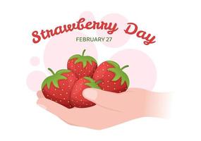 nationaal aardbei dag Aan februari 27 naar vieren de zoet weinig rood fruit in vlak tekenfilm hand- getrokken Sjablonen illustratie vector