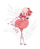 schattig flamingo meisje met hoed en boog. tropisch bladeren Aan silhouet achtergrond. baby illustratie voor kleren, poster, uitnodiging of kaart. vector