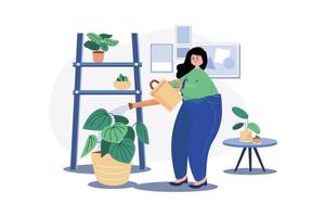 vrouw zorgzaam voor een kamerplant illustratie concept. een vlak illustratie geïsoleerd Aan wit achtergrond vector