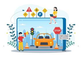 het rijden school- met onderwijs werkwijze van auto opleiding en aan het leren naar rit naar krijgen chauffeurs licentie in vlak tekenfilm hand- getrokken Sjablonen illustratie vector