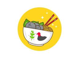 bakso of gehaktbal met noodle en groente logo icoon. vlak tekenfilm stijl. Aziatisch voedsel concept ontwerp. Indonesisch traditioneel straat voedsel. vector kunst illustratie geïsoleerd wit achtergrond