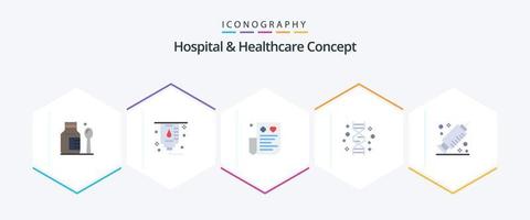 ziekenhuis en gezondheidszorg concept 25 vlak icoon pak inclusief . vaccin. chromosoom. spuit. genoom vector