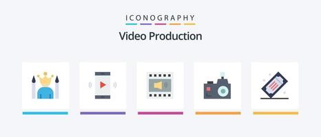 video productie vlak 5 icoon pak inclusief film kaartjes. bioscoop kaartjes. spreker. fotografie. flash fotografie. creatief pictogrammen ontwerp vector