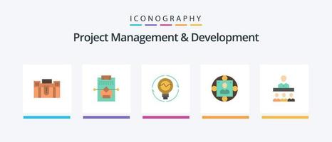 project beheer en ontwikkeling vlak 5 icoon pak inclusief gloeilamp. innovatie. netwerk. idee. concept. creatief pictogrammen ontwerp vector