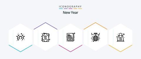 nieuw jaar 25 lijn icoon pak inclusief souvenir. geschenk. lid. tas. licht bal vector