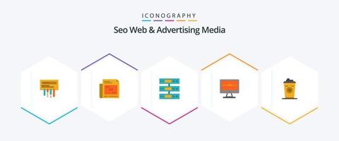 seo web en reclame media 25 vlak icoon pak inclusief lcd. televisie. server. advertentie. bestanden vector