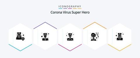 corona virus super held 25 glyph icoon pak inclusief mensen. dokter. veiligheid. avatar. verkeer Politie vector