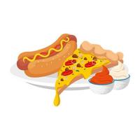 heerlijke Italiaanse pizza met hotdog en sauzen fastfood-pictogram vector
