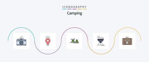 camping lijn gevulde vlak 5 icoon pak inclusief voedsel. Koken barbecueën. vakantie. dennen. oerwoud vector