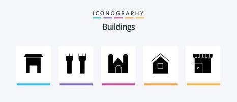 gebouwen glyph 5 icoon pak inclusief winkel. instituut gebouw. middeleeuws. gebouw. hut. creatief pictogrammen ontwerp vector