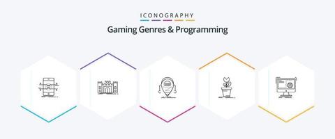 gaming genres en programmering 25 lijn icoon pak inclusief mario. avontuur. vesting. technologie. droid vector