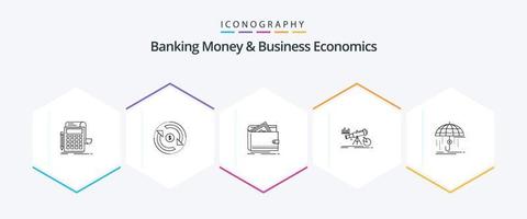 bank geld en bedrijf economie 25 lijn icoon pak inclusief voorspelling. analyses. markt. tas. geld vector