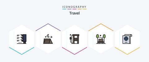 reizen 25 gevulde lijn icoon pak inclusief document. kom tot rust. benzine. openbaar. stoel vector