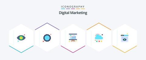 digitaal afzet 25 vlak icoon pak inclusief seo toezicht houden. analyse. delen. wolk vector