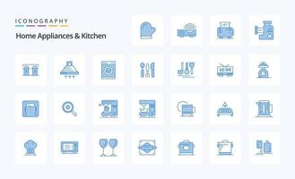 25 huis huishoudelijke apparaten en keuken blauw icoon pak vector
