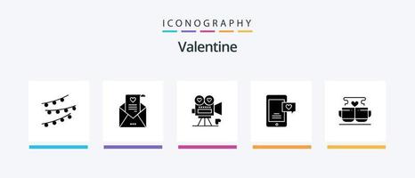 Valentijn glyph 5 icoon pak inclusief valentijn. video camera. bruiloft kaart. film. liefde. creatief pictogrammen ontwerp vector