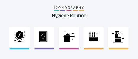 hygiëne routine- glyph 5 icoon pak inclusief wasmiddel. spuiten. wasmiddel. katoen. knoppen. creatief pictogrammen ontwerp vector