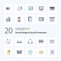 20 geluid ontwerp en geluid productie vlak kleur icoon pak Leuk vinden beheersen studio geluid toezicht houden op koptelefoon vector