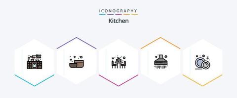 keuken 25 gevulde lijn icoon pak inclusief . bord. tafel. voedsel bord. serviesgoed vector