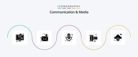 communicatie en media glyph 5 icoon pak inclusief omlaag. negatief plakband. microfoon. haspel. film vector