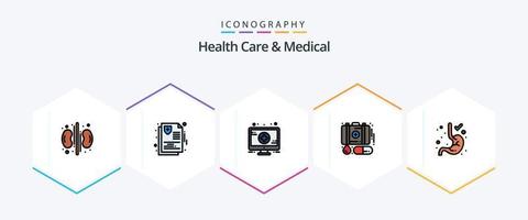 Gezondheid zorg en medisch 25 gevulde lijn icoon pak inclusief maag. spijsvertering. medisch. geneesmiddel. noodgeval vector