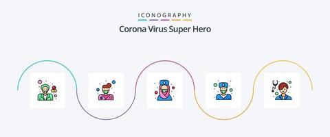 corona virus super held lijn gevulde vlak 5 icoon pak inclusief zorg. meisje. dokter. dokter. verpleegster vector