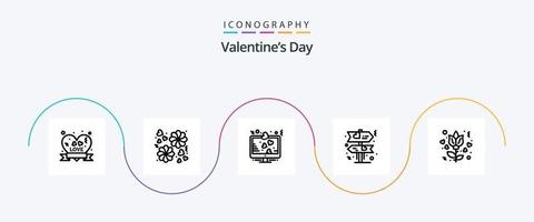 valentijnsdag dag lijn 5 icoon pak inclusief roos. bloem. hart. liefde. bord vector