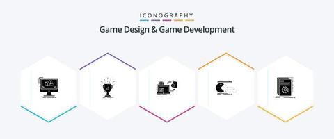 spel ontwerp en spel ontwikkeling 25 glyph icoon pak inclusief spel. karakter. prijs. publiceren. spel vector