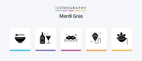 mardi gras glyph 5 icoon pak inclusief fabriek. lippen. kostuum. mardi gras. vlieger. creatief pictogrammen ontwerp vector