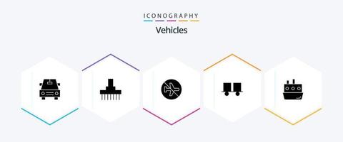 voertuigen 25 glyph icoon pak inclusief boot. heftruck vrachtwagen. gehandicapt. heftruck. rups- voertuigen vector