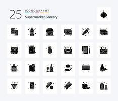 kruidenier 25 solide glyph icoon pak inclusief kaart. voedsel. winkel. wortel. financiën vector
