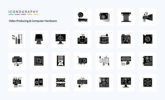 25 video produceren en computer hardware solide glyph icoon pak vector