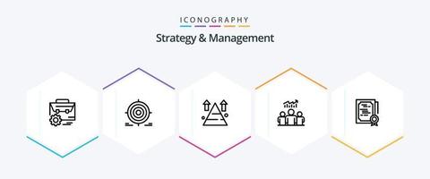 strategie en beheer 25 lijn icoon pak inclusief team. groep. doel. top. pijl vector