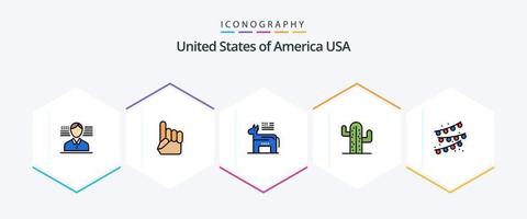 Verenigde Staten van Amerika 25 gevulde lijn icoon pak inclusief partij lamp. gorzen. Amerikaans. Amerikaans. Verenigde Staten van Amerika vector