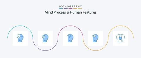geest werkwijze en menselijk Kenmerken blauw 5 icoon pak inclusief relaxatie. vraag. wereldbol. verwarren verstand. verwarren vector