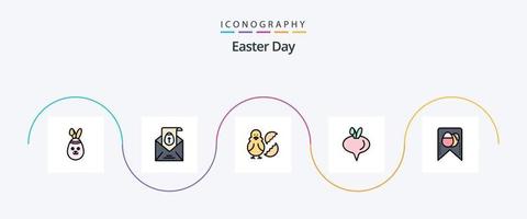 Pasen lijn gevulde vlak 5 icoon pak inclusief ei. label. kip. groente. voedsel vector