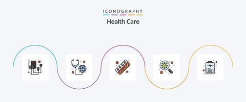 Gezondheid zorg lijn gevulde vlak 5 icoon pak inclusief document. capsule. virus. bacterie vector