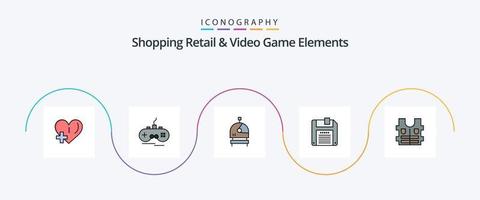winkelen kleinhandel en video spel elementen lijn gevulde vlak 5 icoon pak inclusief . leven. astronaut. jasje. diskette vector