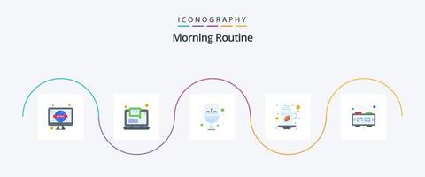 ochtend- routine- vlak 5 icoon pak inclusief alarm. koffie. badkamer. thee. kop vector