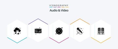 audio en video 25 glyph icoon pak inclusief . spreker. Speel. geluid. geluid vector