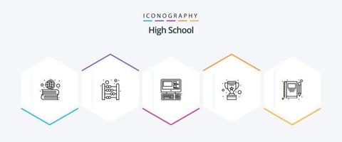 hoog school- 25 lijn icoon pak inclusief Opmerking. beloning. computer. winnen. kop vector